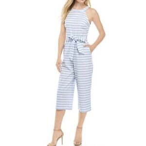 Crown & Ivy High Neck Yarn Dye Jumpsuit Size 8 Blue/white New With‎ Tags